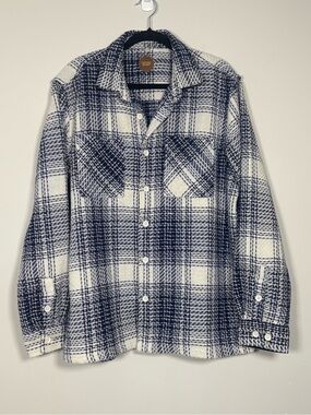 Common People Blue White Plaid Textured Tweed Shacket Button Up Shirt Jacket L
